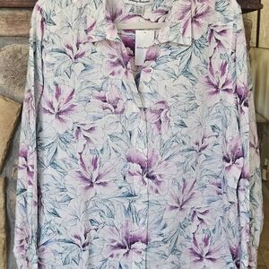 Tommy Bahama White Button-Down Shirt with Purple Floral & Blue Leaves